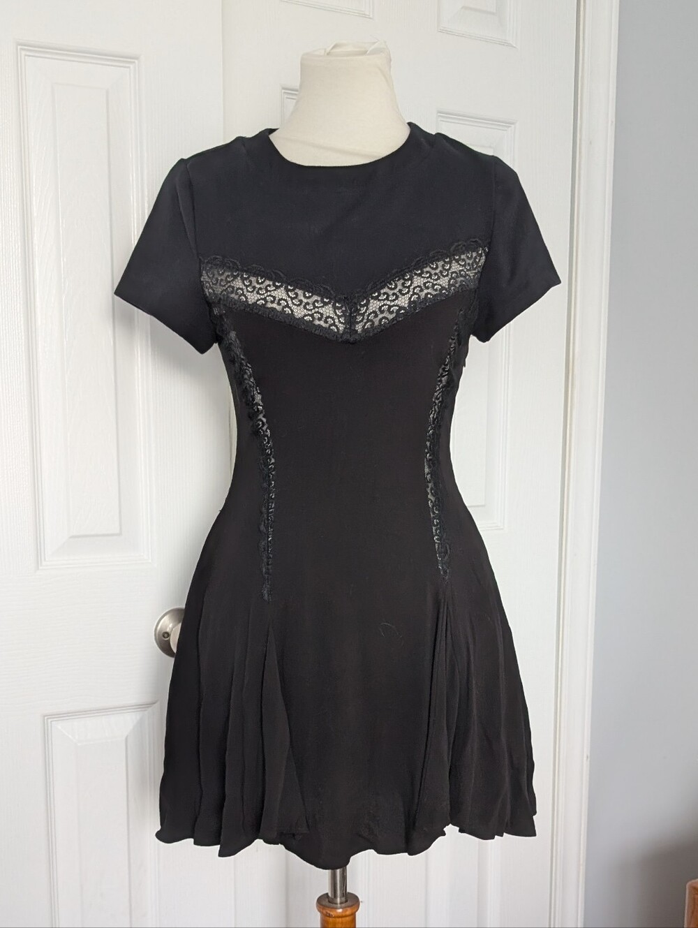 Free People Black Short Sleeve Lace Panel Mini Dress